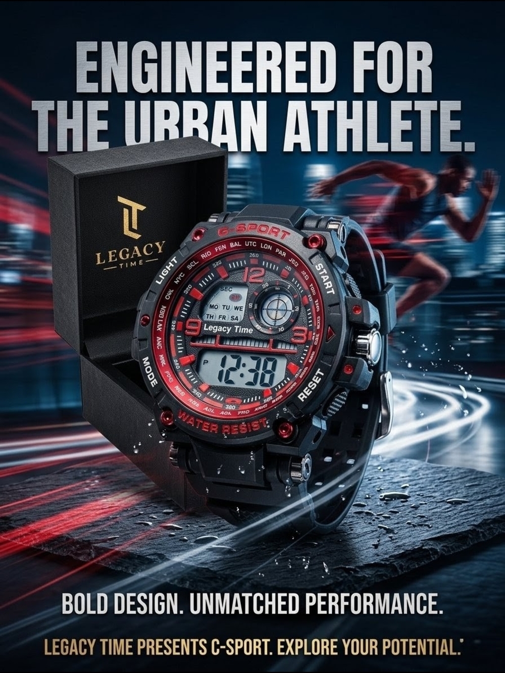 Legacy Time C-Sport Men's Digital Sports Watch - 200M Water Resistant - Red